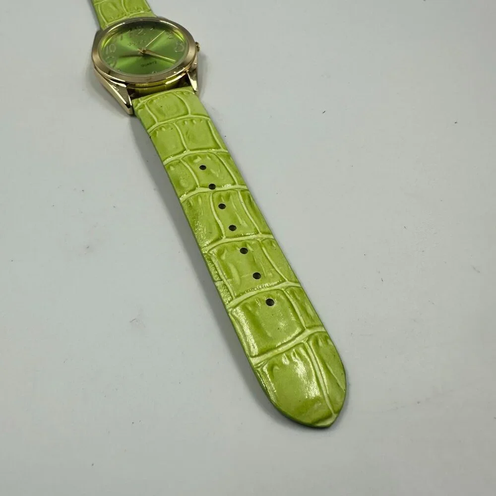 3/$30 Gossip Watch Women Gold Tone Green Leather Band New Battery 9 Inch